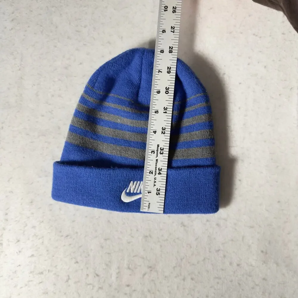 Nike Beanie Ski Hat Youth Blue Grey Stripe w/ Swoosh Logo Knit Cap Winter Cold